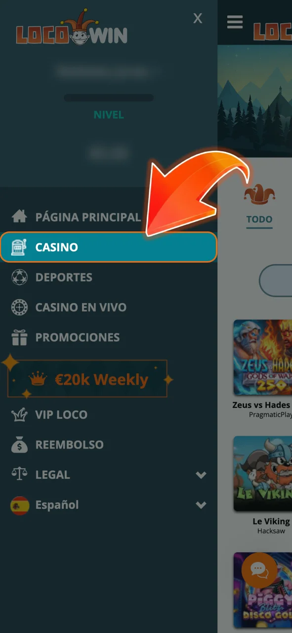 Abre la sección de casino en LocoWin.