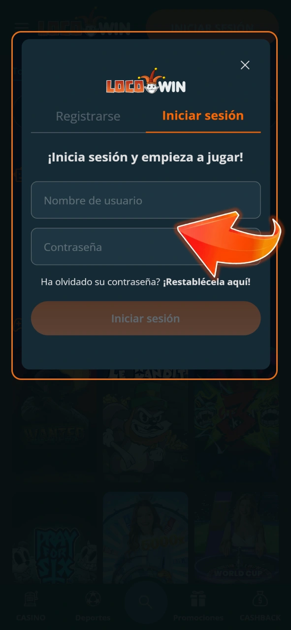 Confirma tus datos de usuario para completar el inicio de sesión en tu cuenta de LocoWin.